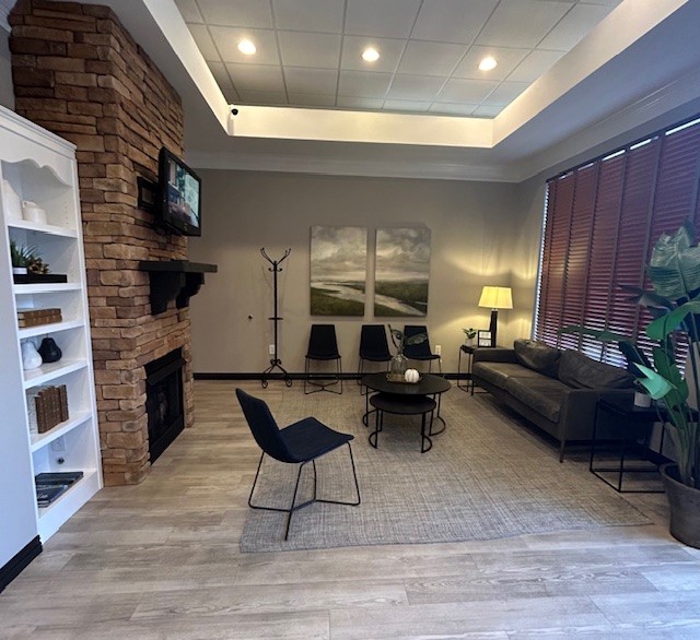 Inside waiting area with seating side view